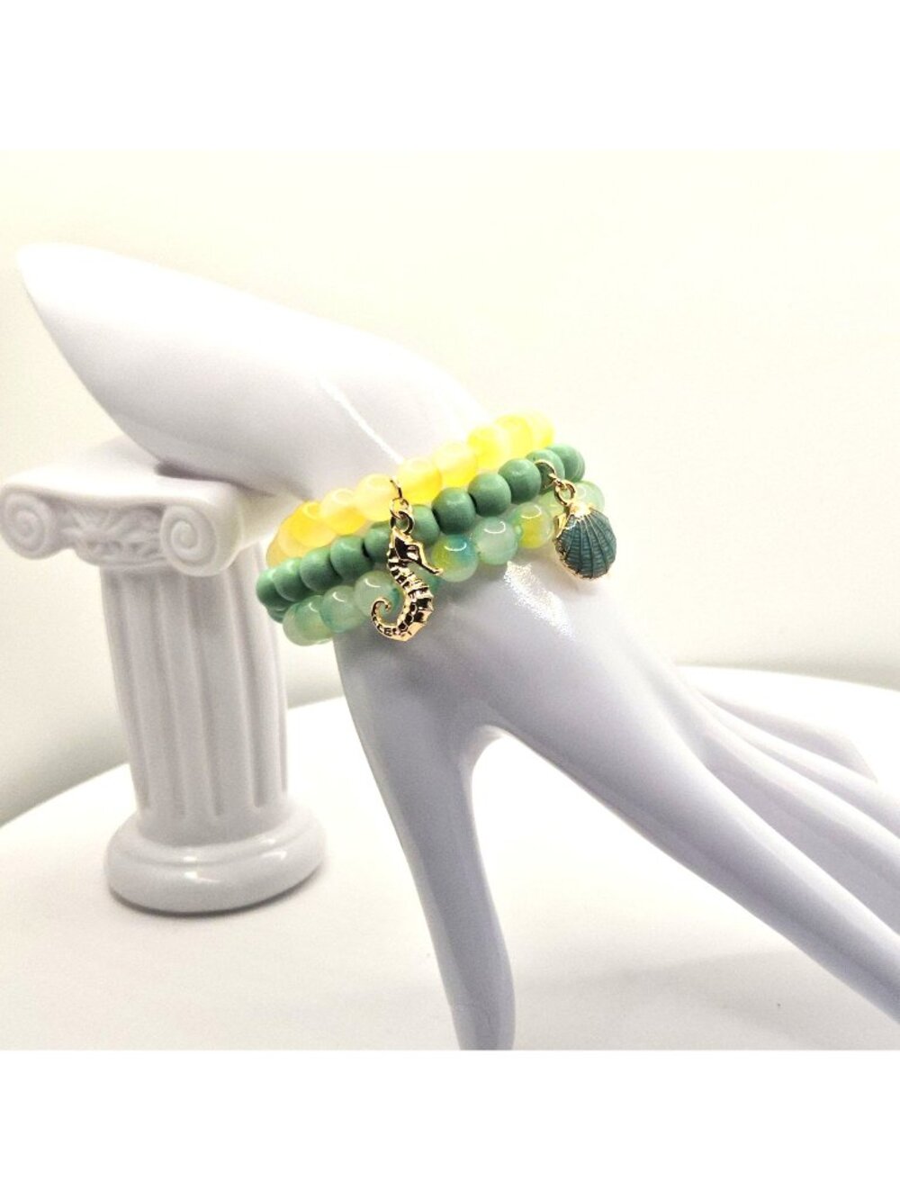 Yellow & Green Beaded Stretch Bracelet Set With Ocean-Themed Charms – Seahorse &
